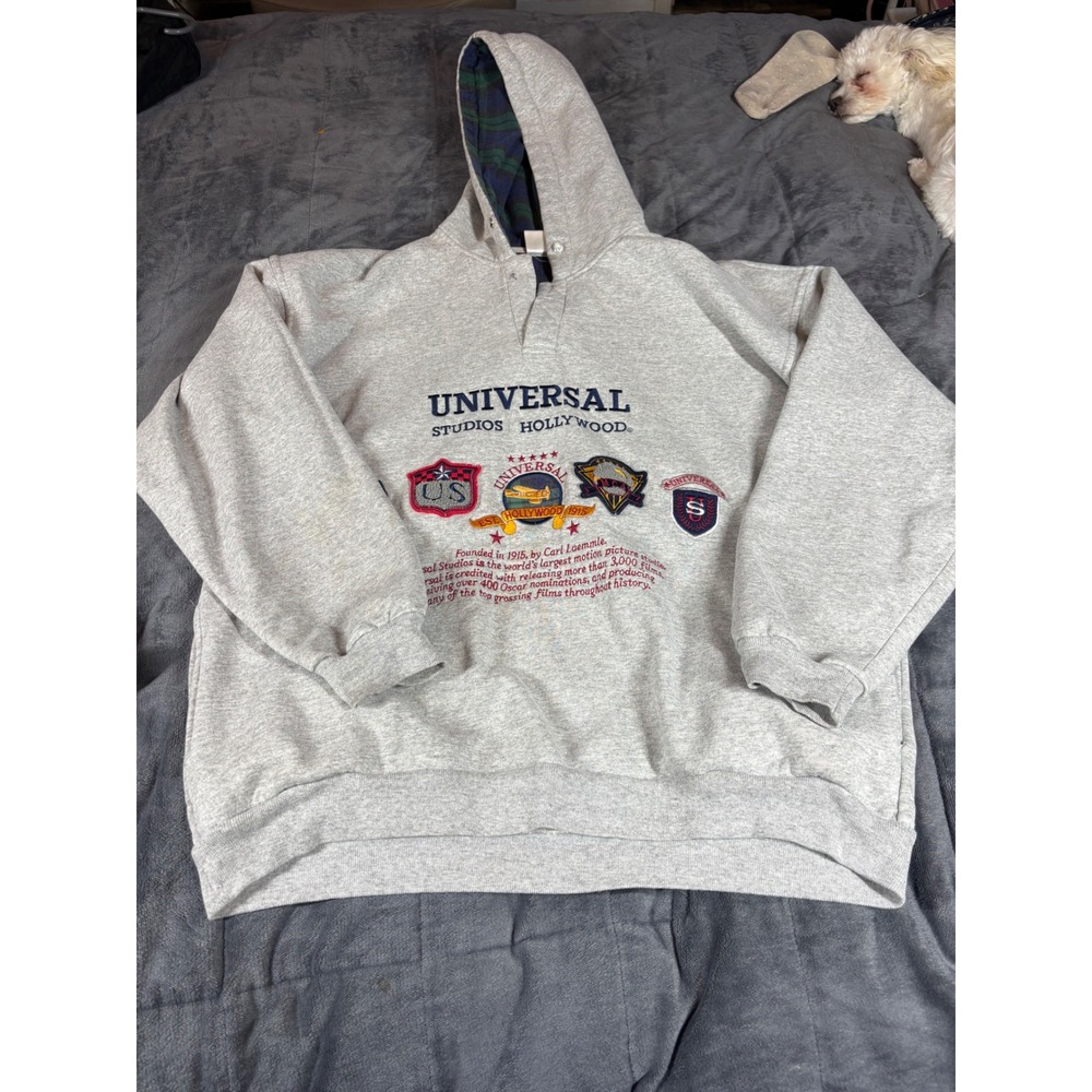 Universal Studios Hollywood Mens Heather Gray Plaid Lined Patch Hoodie 6345